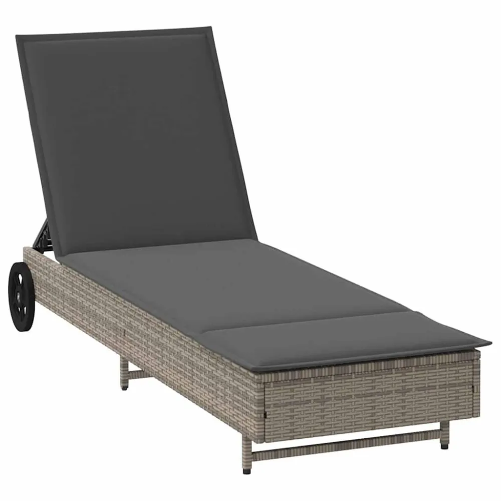 Lettino Prendisole con Ruote e Cuscino Polyrattan Grigio con Sistema di Montaggio Rapido