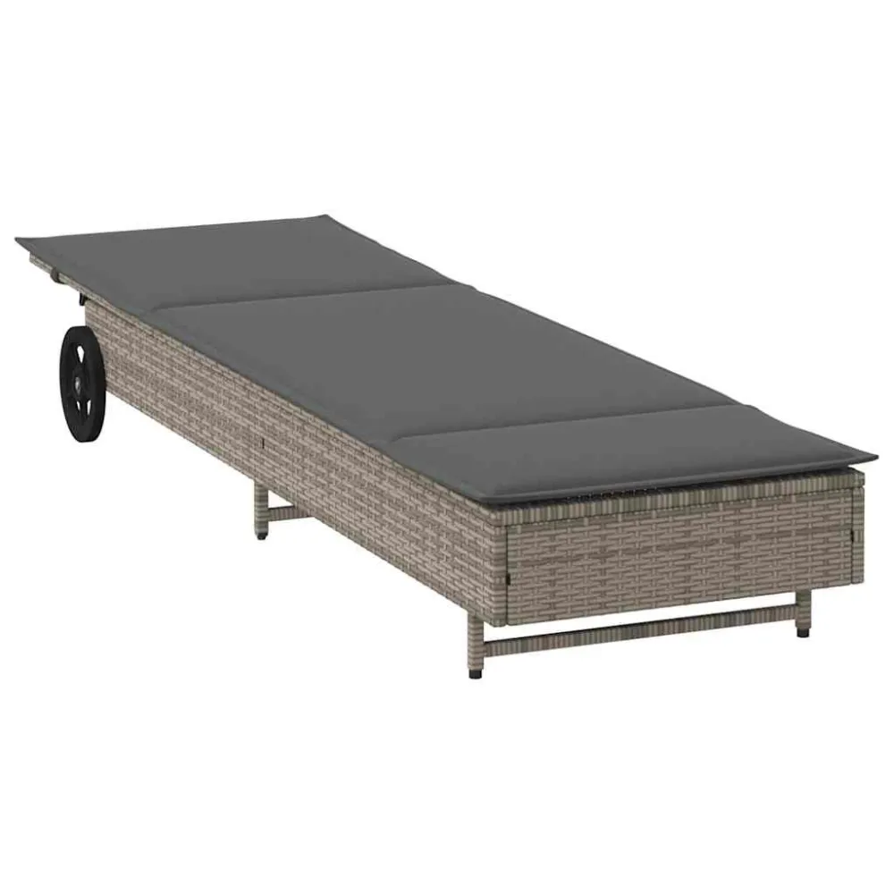 Lettino Prendisole con Ruote e Cuscino Polyrattan Grigio con Sistema di Montaggio Rapido
