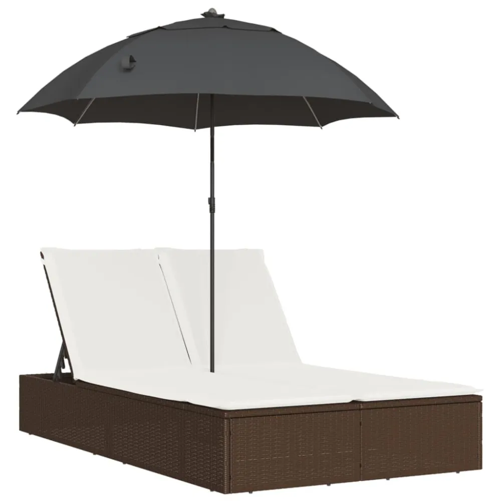 Lettino Prendisole Doppio Cuscini e Parasole Marrone Polyrattan per Giardino e Spiaggia