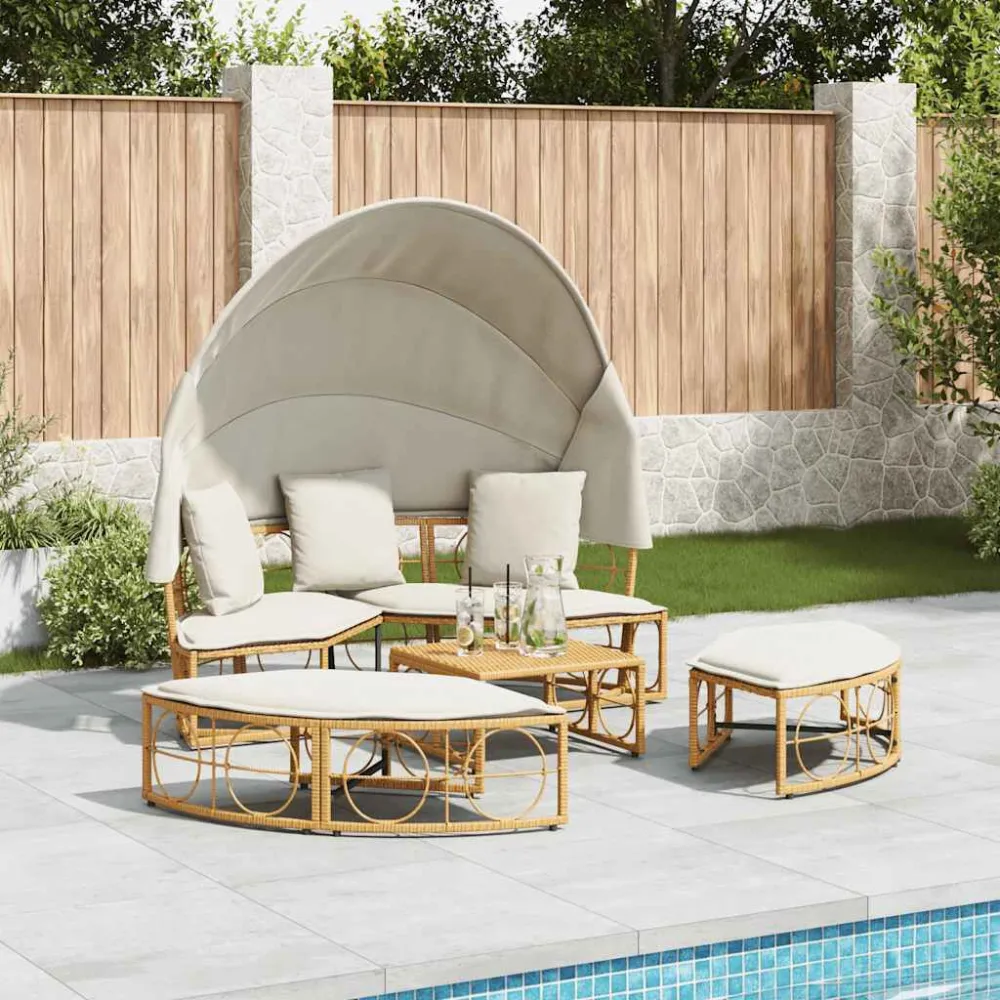 Lettino Prendisole Esterno Tetto e Cuscini Polyrattan | Pieghevole e Leggera