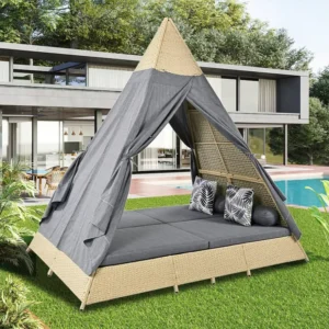 Letto da giardino baldacchino da 2 4 posti - Rattan crema e tenda grigia - Cuscini inclusi - Per esterni Colori Vivaci