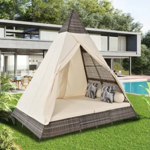 Letto da giardino baldacchino da 2 4 posti - Rattan grigio e tenda camoscio - Cuscini inclusi - Per esterni