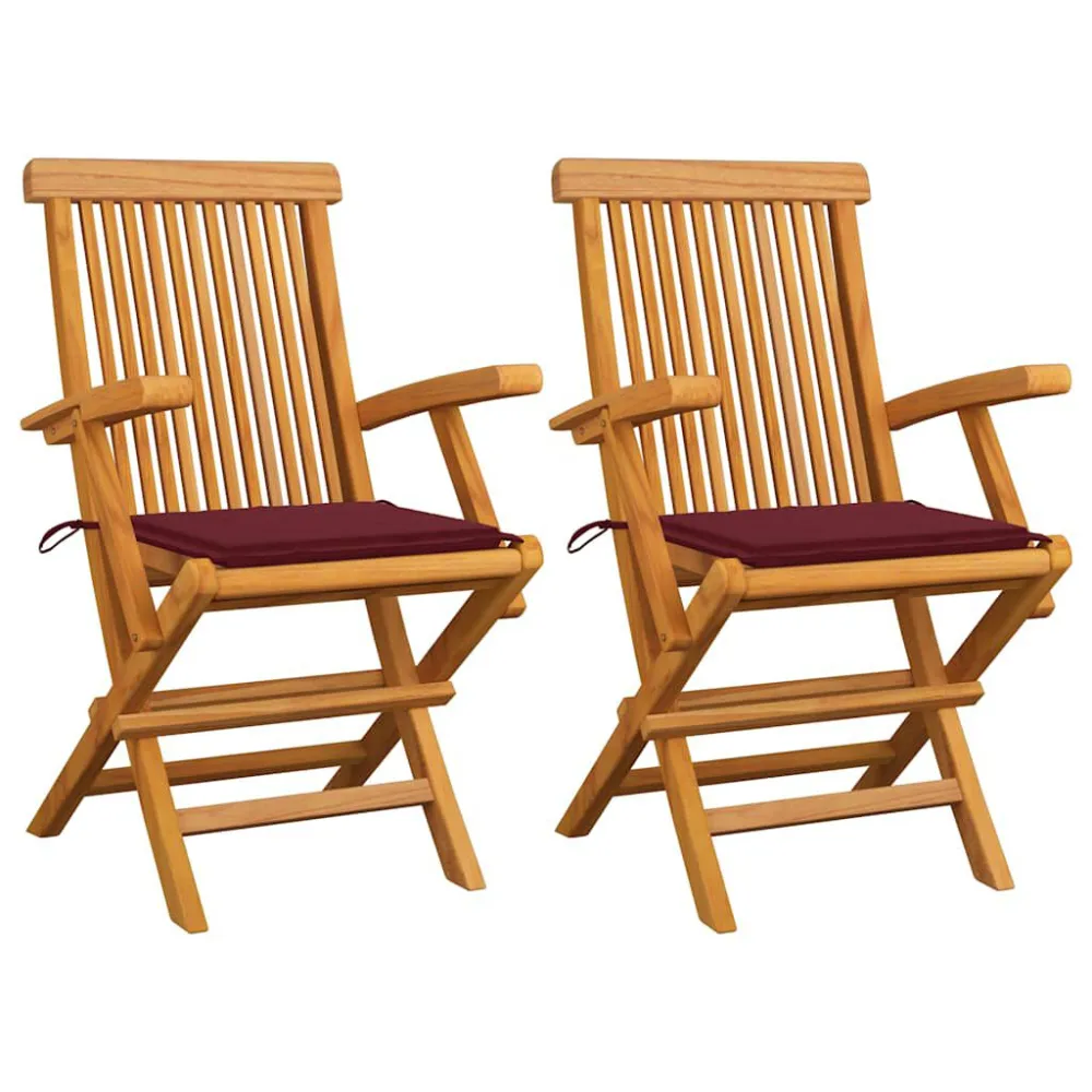 Panca Dondolo Sedie Giardino con Cuscini Rosso Vino 2 pz Legno Massello Teak