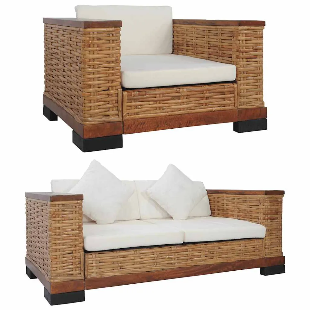 Panca Dondolo Set di Divani 3 pz con Cuscini Rattan Naturale Marrone