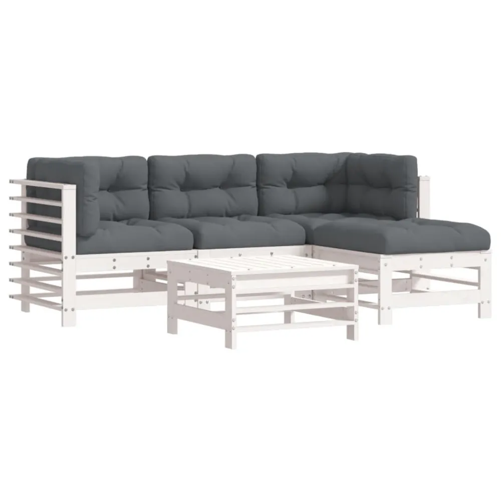 Panca Dondolo Set Divani da Giardino 5pz con Cuscini Legno Massello Bianco