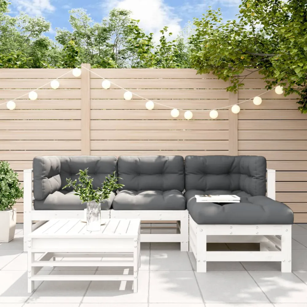 Panca Dondolo Set Divani da Giardino 5pz con Cuscini Legno Massello Bianco