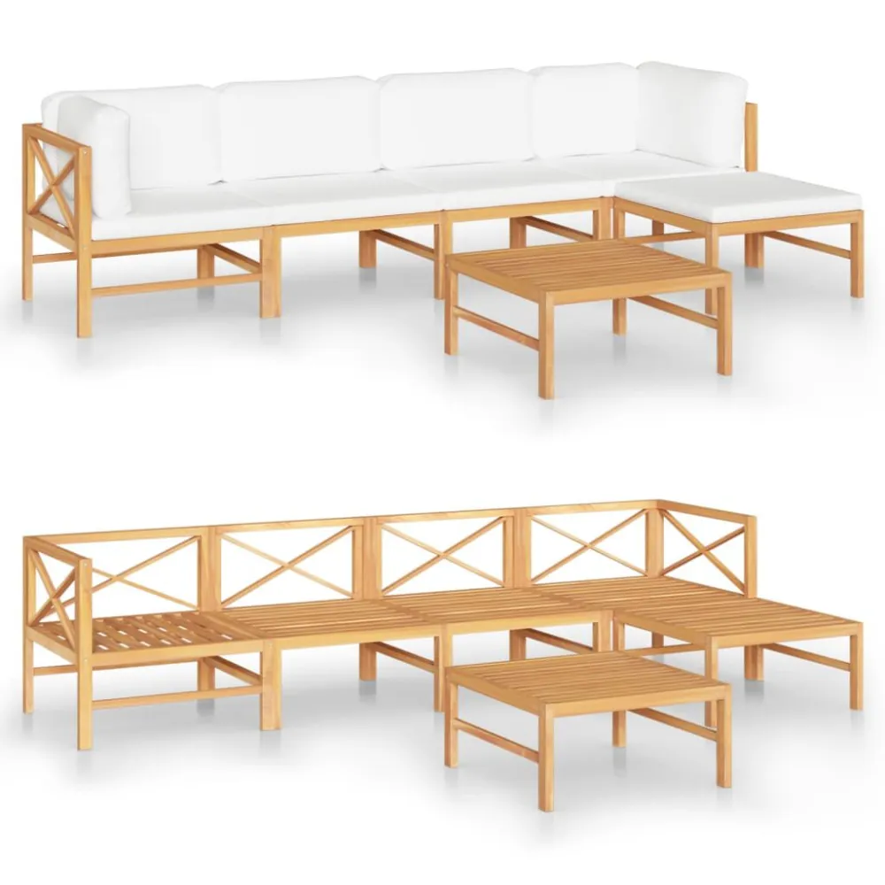 Panca Dondolo Set Divani da Giardino 6pz Cuscini Crema Legno Massello di Teak