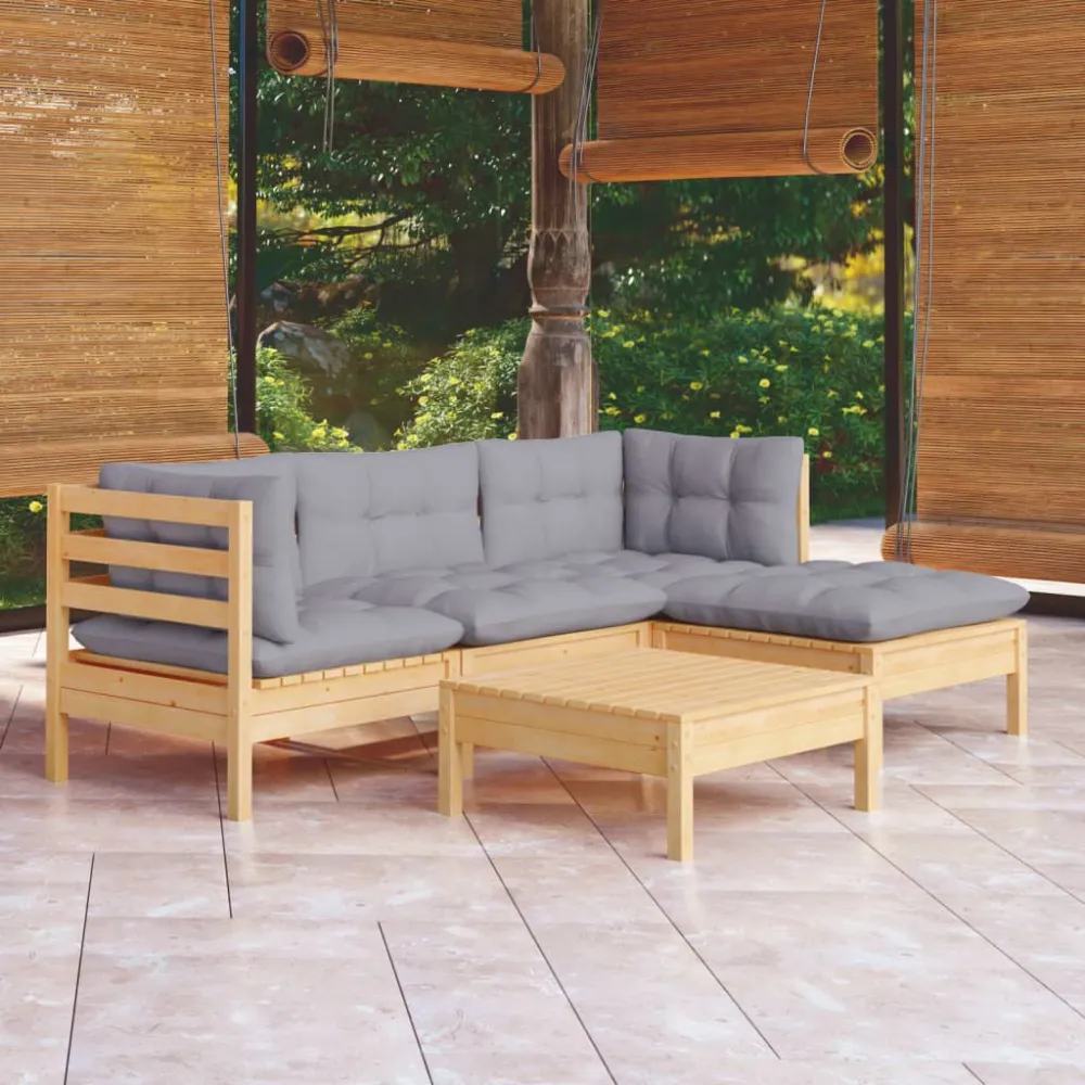 Panca Dondolo Set Divani da Giardino 5 pz con Cuscini Grigi Massello di Pino