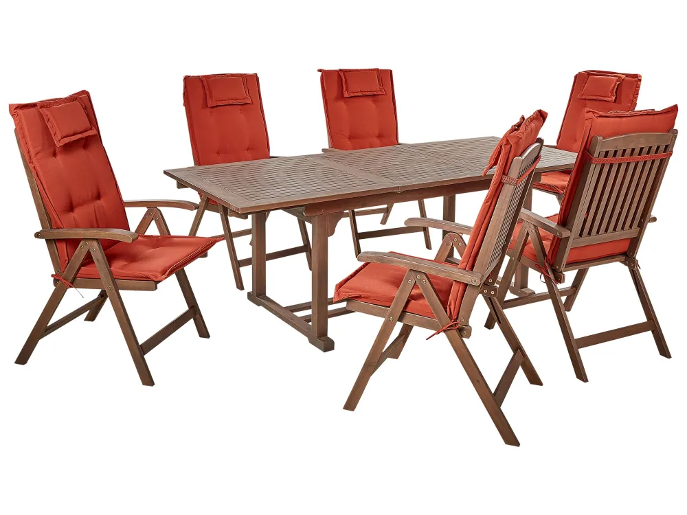 Panca Dondolo Set da giardino con 6 sedie legno di acacia ombroso con cuscini rossi AMANTEA