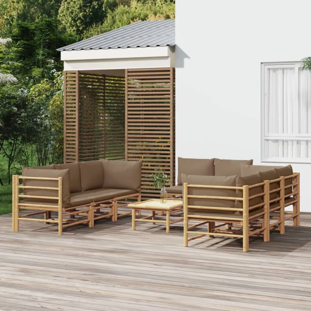 Panca Dondolo Set Salotto da Giardino 9pz con Cuscini Tortora Bambù
