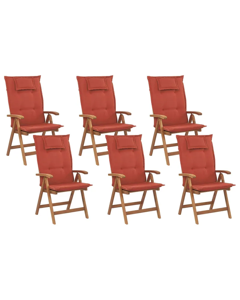 Panca Dondolo Set di 6 sedie da giardino con cuscini JAVA Legno d'acacia Rosso fosco