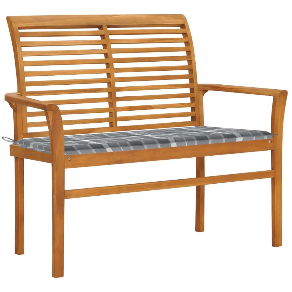 Panca da Giardino con Cuscino Grigio Quadri 112 cm Legno Teak per Giardino e Spiaggia