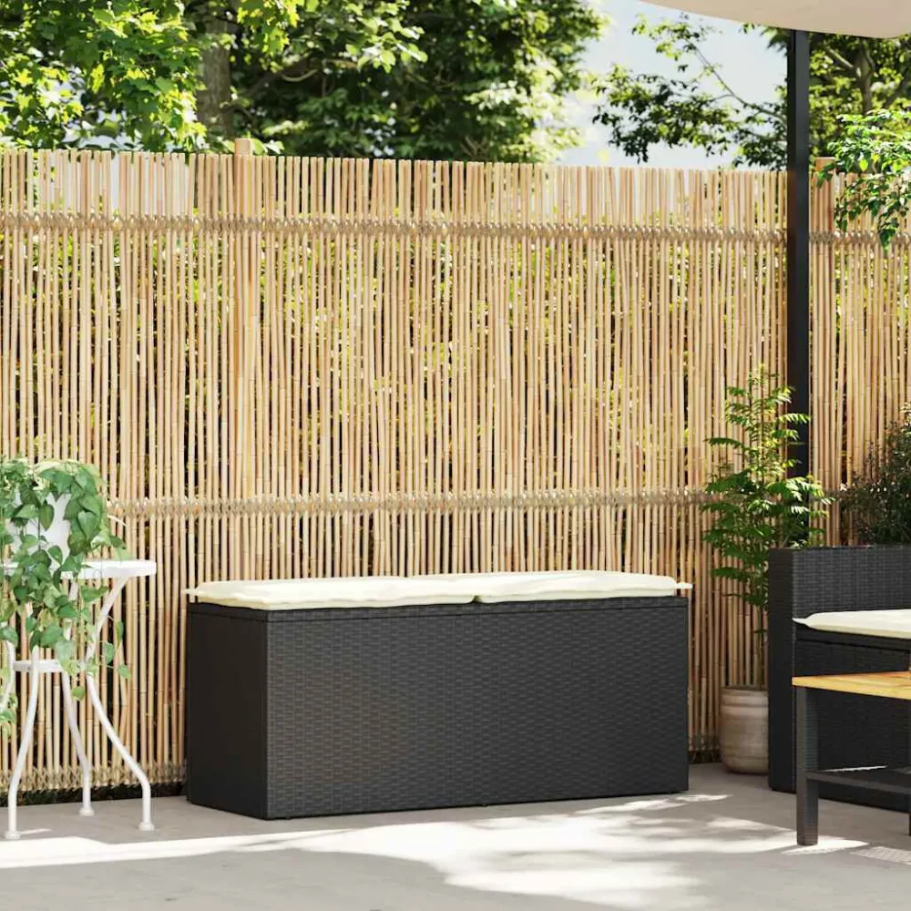 Panca da Giardino con Cuscino Nera 110x40x44 cm Polyrattan - Impermeabile e UV Resistente