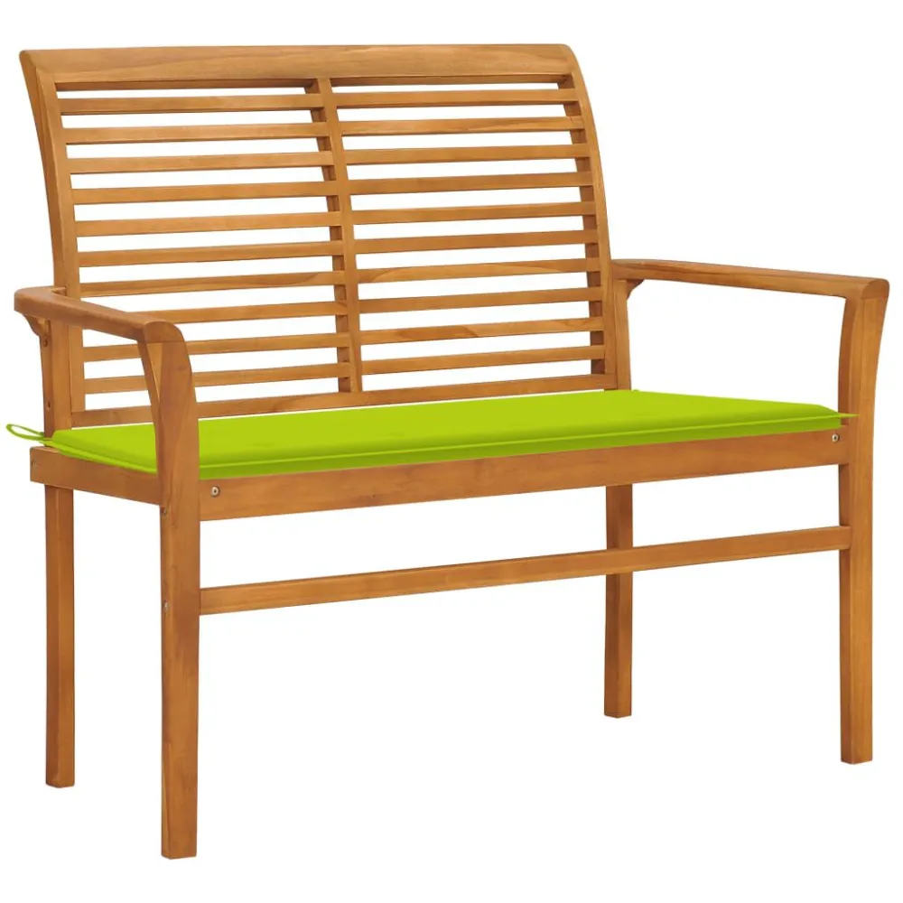 Panca da Giardino con Cuscino Verde Brillante 112 cm Legno Teak con Portabicchiere Integrato