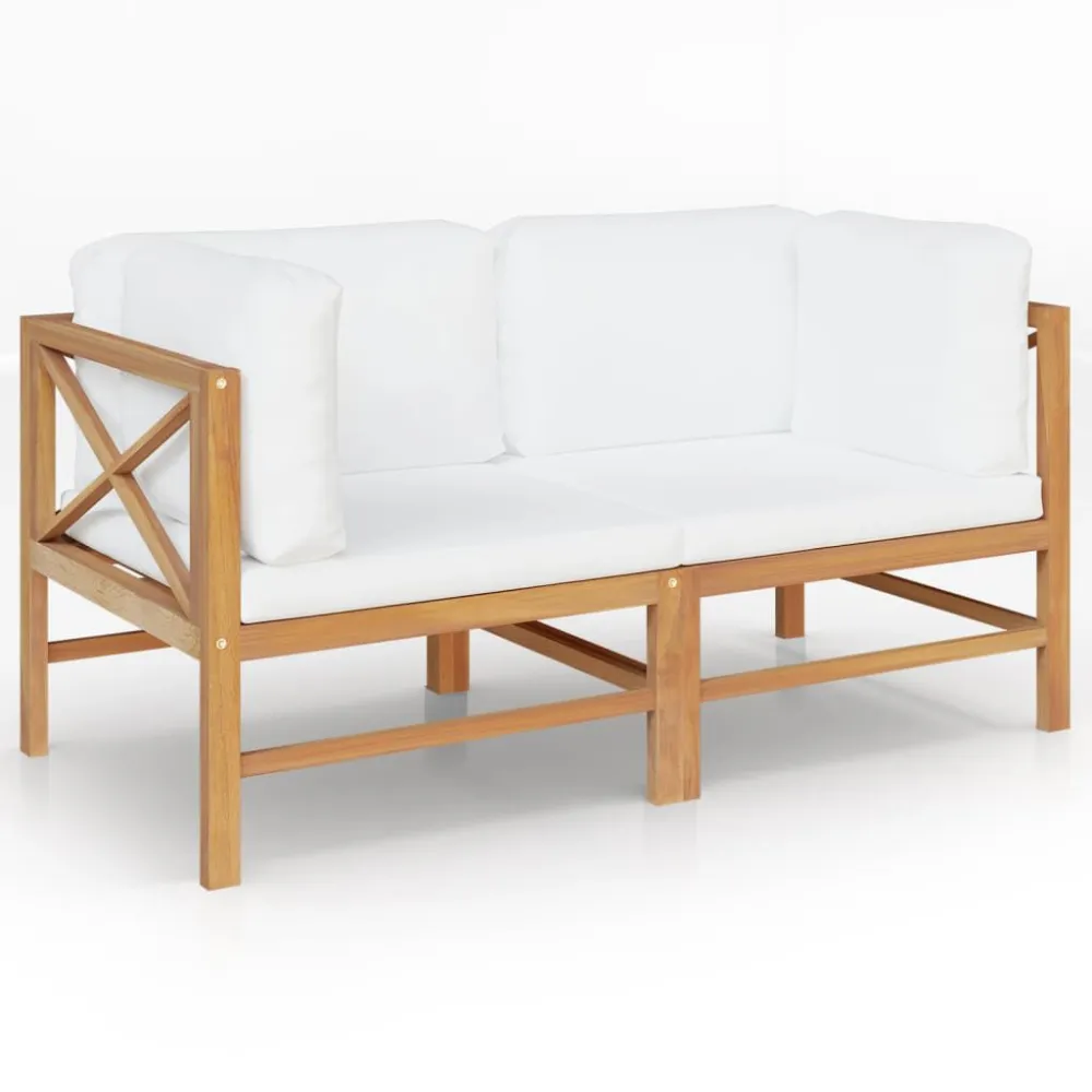 Panca da Giardino 2 Posti con Cuscini Crema Legno Massello Teak Colori Vivaci