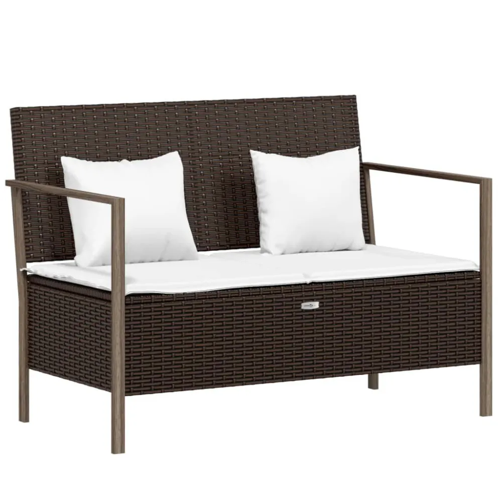 Panca da Giardino 2 Posti con Cuscini Polyrattan Marrone con Rivestimento Tessuto
