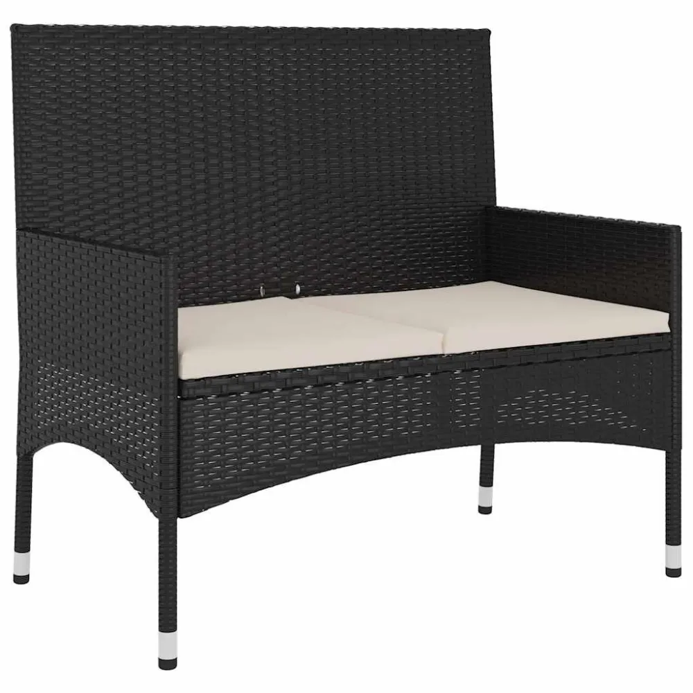 Panca da Giardino 2 Posti con Cuscini Polyrattan Nero con Rivestimento Tessuto