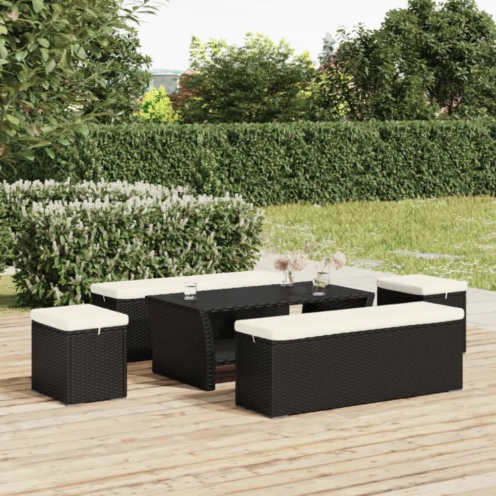 Panca Ottomana con Cuscino Nero 110x30x40 cm Polyrattan - Impermeabile e UV Resistente