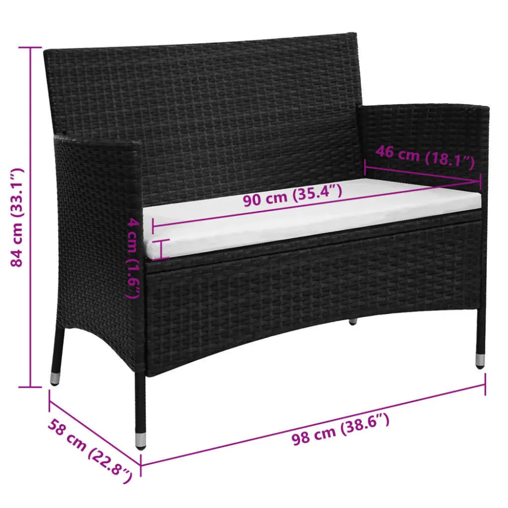 Panchina da Giardino con Cuscino Polyrattan Nero | Pieghevole e Leggera