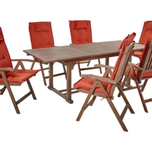 Poltrona Dondolo 6 Seater Acacia Wood Garden Dining Set Red Cushions AMANTEA