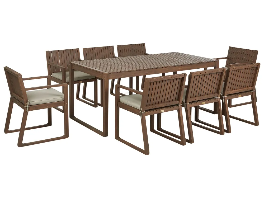 Poltrona Dondolo 8 Seater Dark Acacia Wood Garden Dining Set Taupe Cushions SASSARI