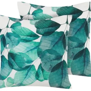 Poltrona Dondolo Set di 2 cuscini da esterno foglie blu ottanio e bianco 45 x 45 cm TREBBO