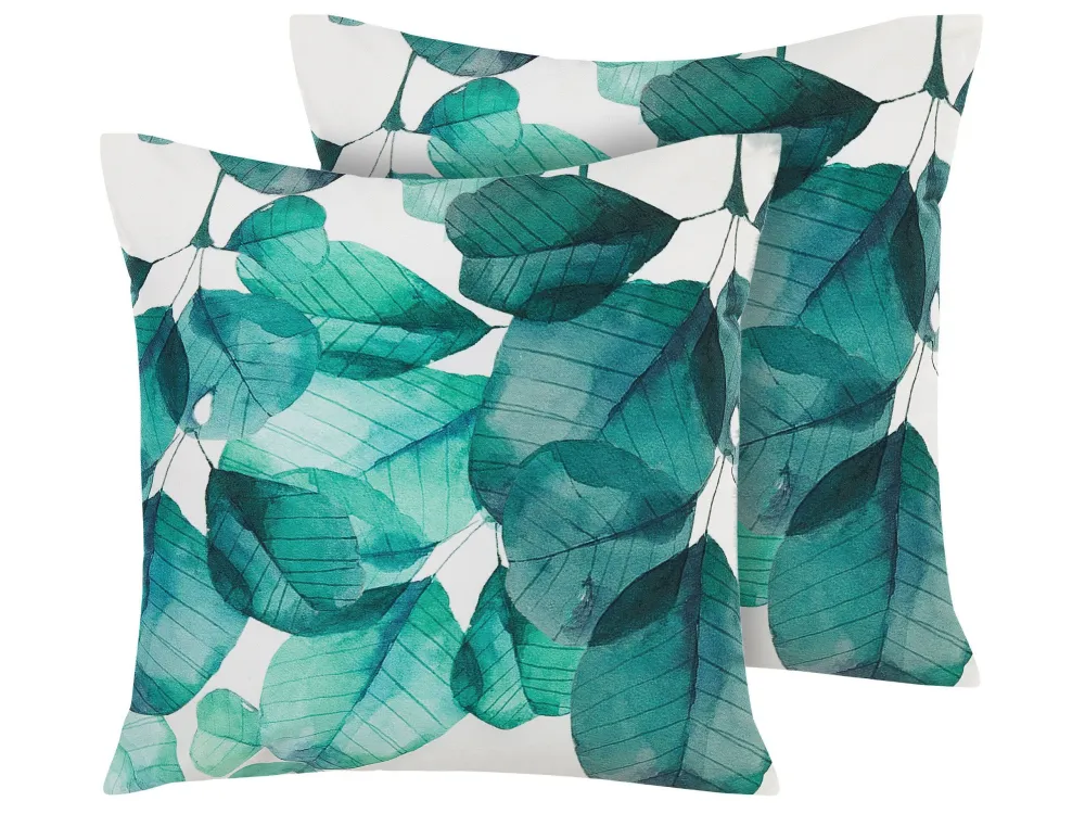 Poltrona Dondolo Set di 2 cuscini da esterno foglie blu ottanio e bianco 45 x 45 cm TREBBO