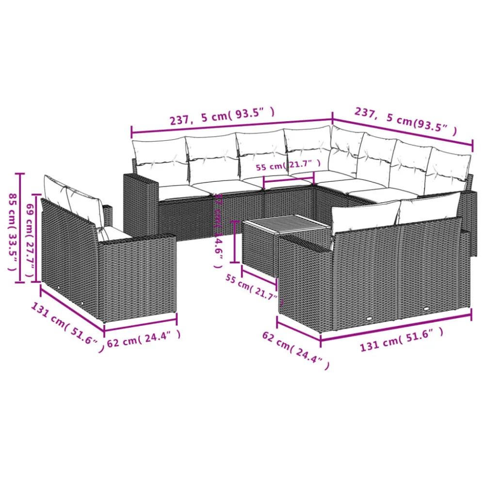 Poltrona Dondolo Set Divani da Giardino 12 pz con Cuscini Nocciola Polyrattan