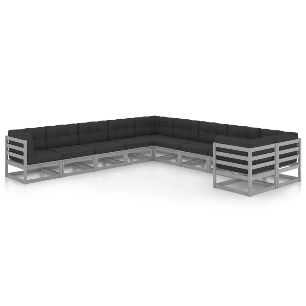 Poltrona Dondolo Set Divani da Giardino 10 pz Grigio Cuscini Massello di Pino