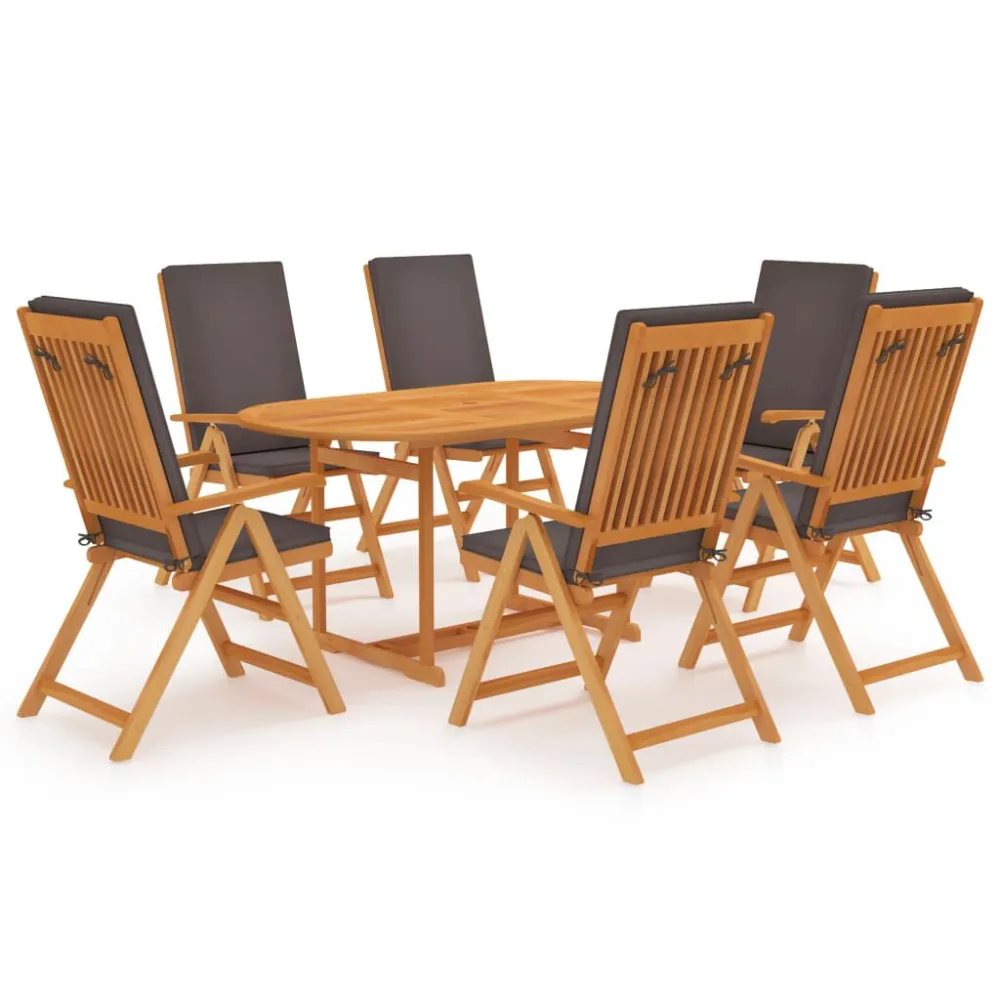 Poltrona Dondolo Set da Pranzo da Giardino 7 pz con Cuscini Grigi Legno di Teak