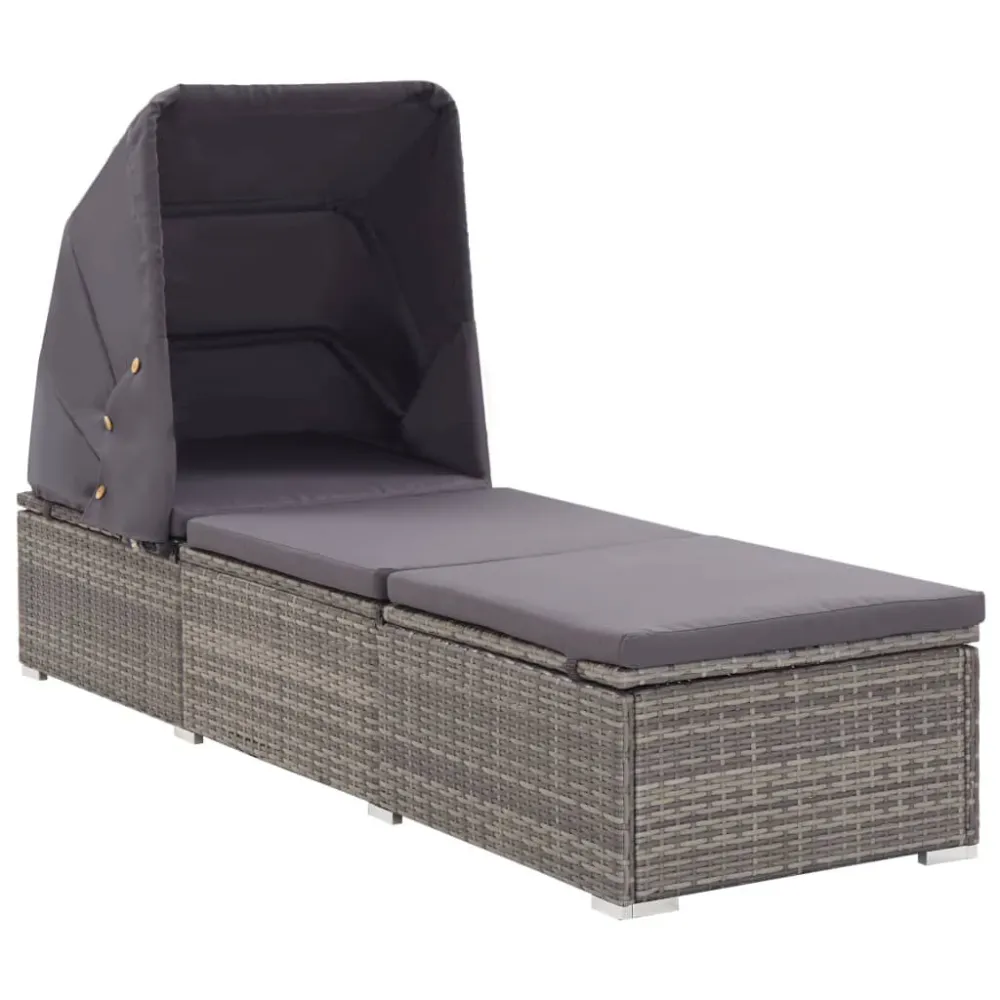 Poltrona Girevole Lettino Prendisole con Tettuccio e Cuscino Polyrattan Grigio