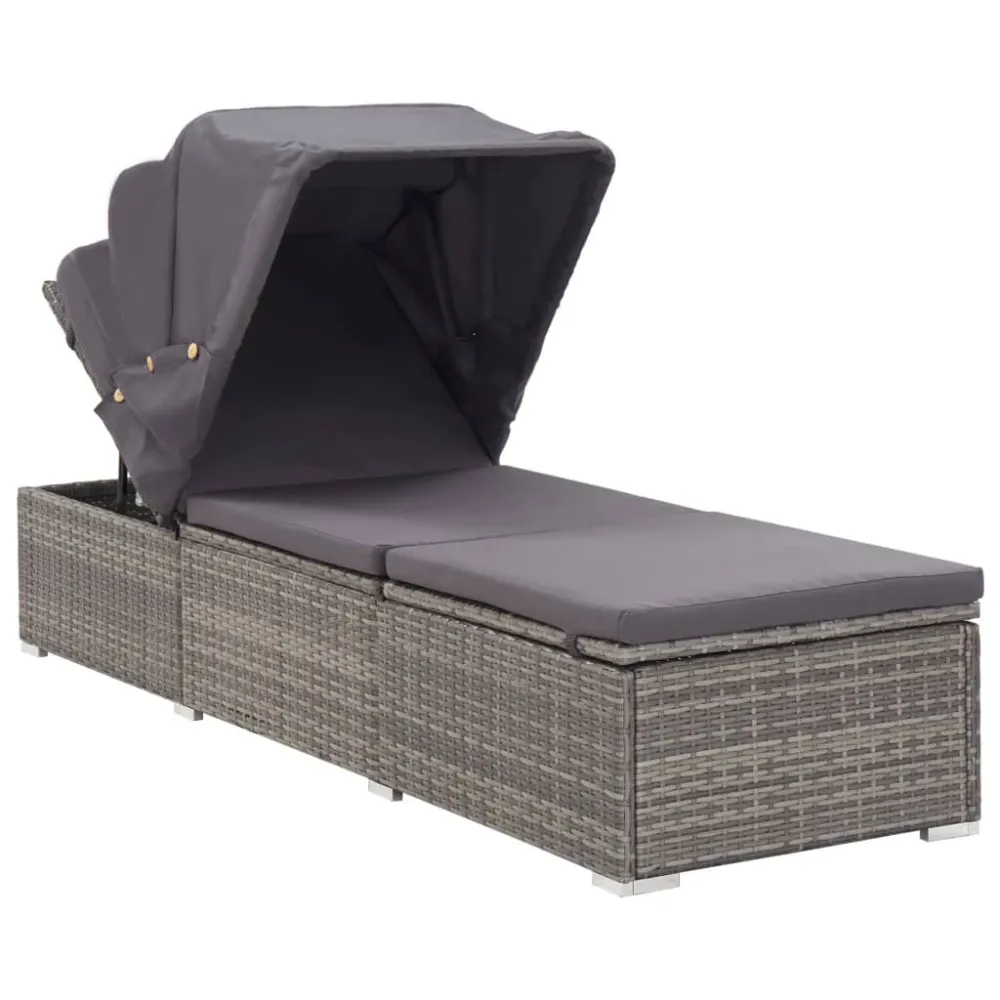 Poltrona Girevole Lettino Prendisole con Tettuccio e Cuscino Polyrattan Grigio