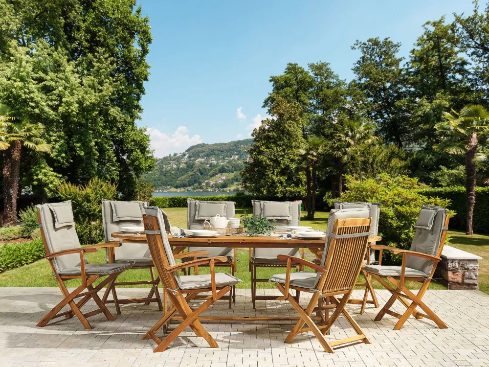 Poltrona Girevole 8 Seater Acacia Wood Garden Dining Set Taupe Cushions MAUI