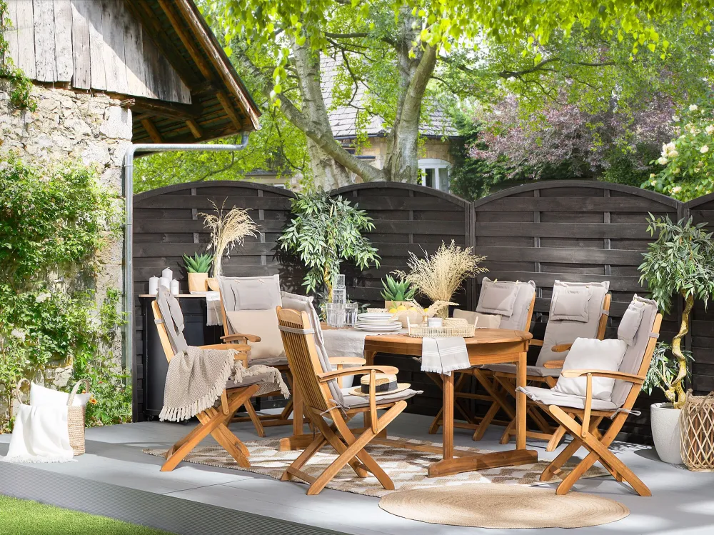 Poltrona Girevole 8 Seater Acacia Wood Garden Dining Set Taupe Cushions MAUI