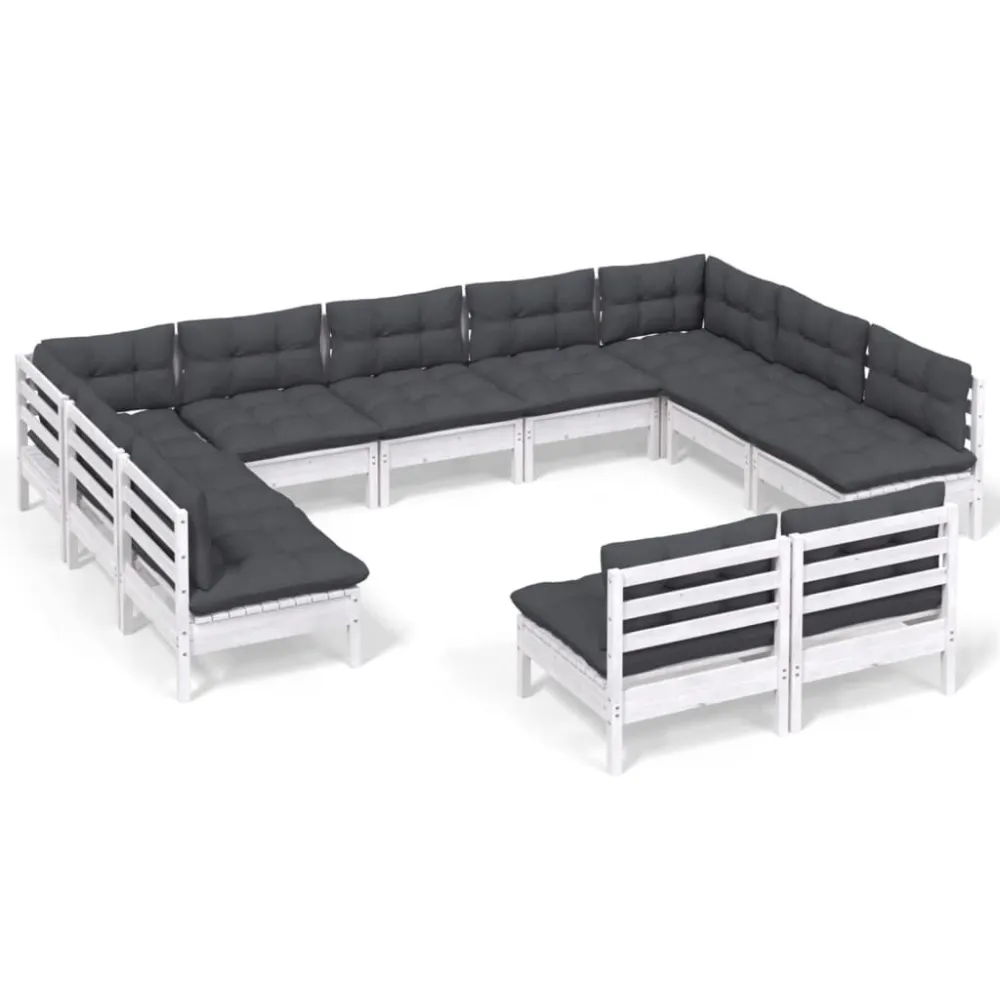 Poltrona Girevole Set Divani da Giardino 11 pz con Cuscini Bianchi Legno di Pino