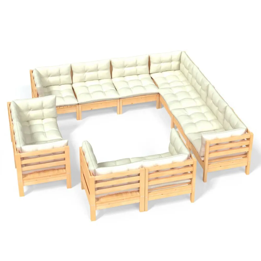 Poltrona Girevole Set Divani da Giardino 11 pz con Cuscini Crema Massello di Pino