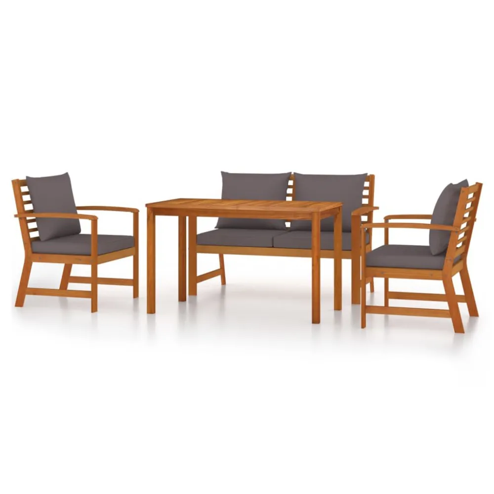 Poltrona Girevole Set da Pranzo Giardino 4pz con Cuscini Legno Massello di Acacia