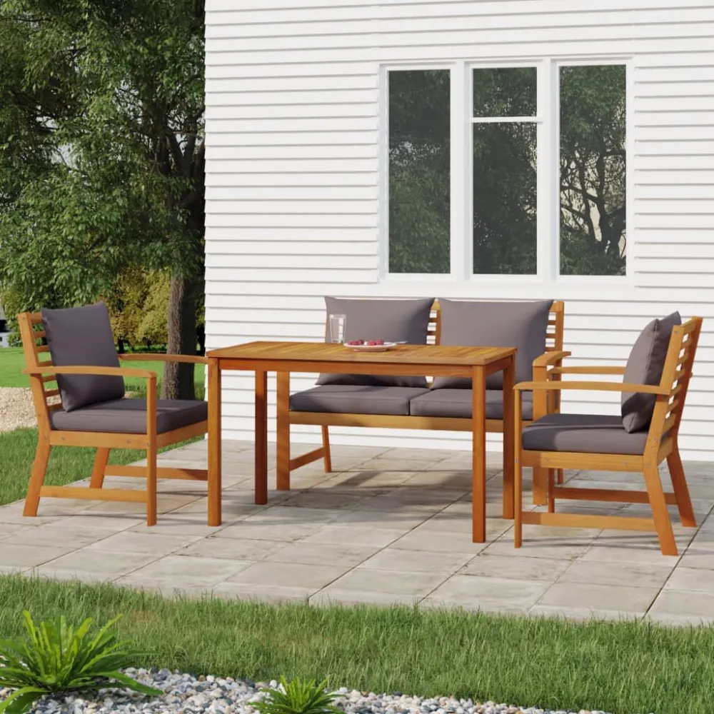 Poltrona Girevole Set da Pranzo Giardino 4pz con Cuscini Legno Massello di Acacia