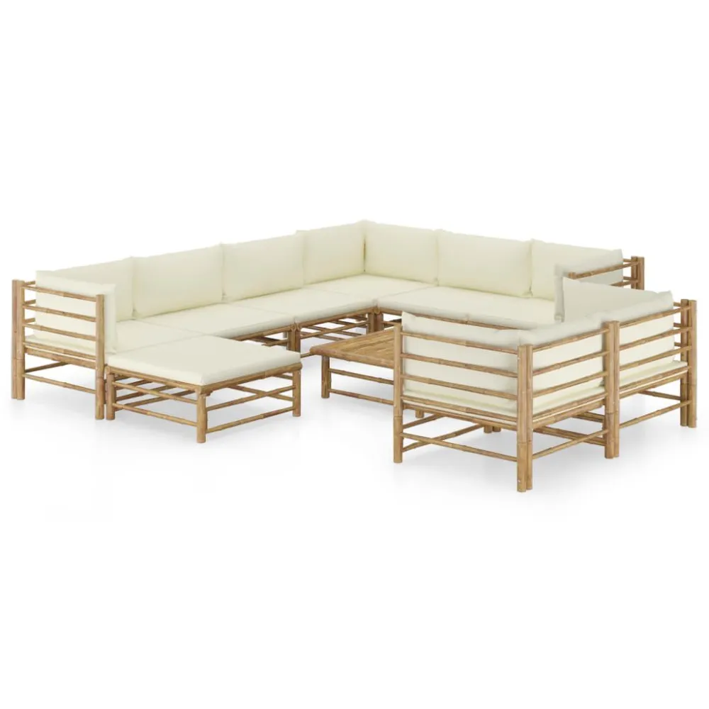 Poltrona Girevole Set Salotto da Giardino 10pz con Cuscini Bianco Crema Bambù