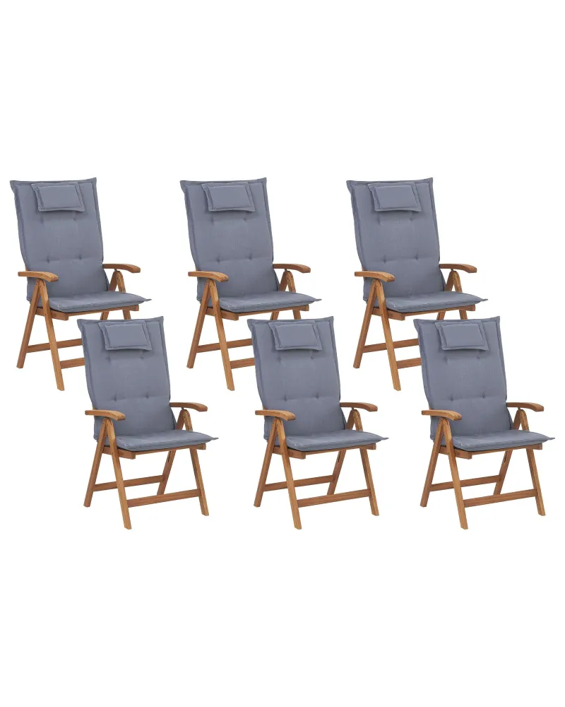 Poltrona Girevole Set di 6 sedie da giardino con cuscini JAVA Legno d'acacia Blu