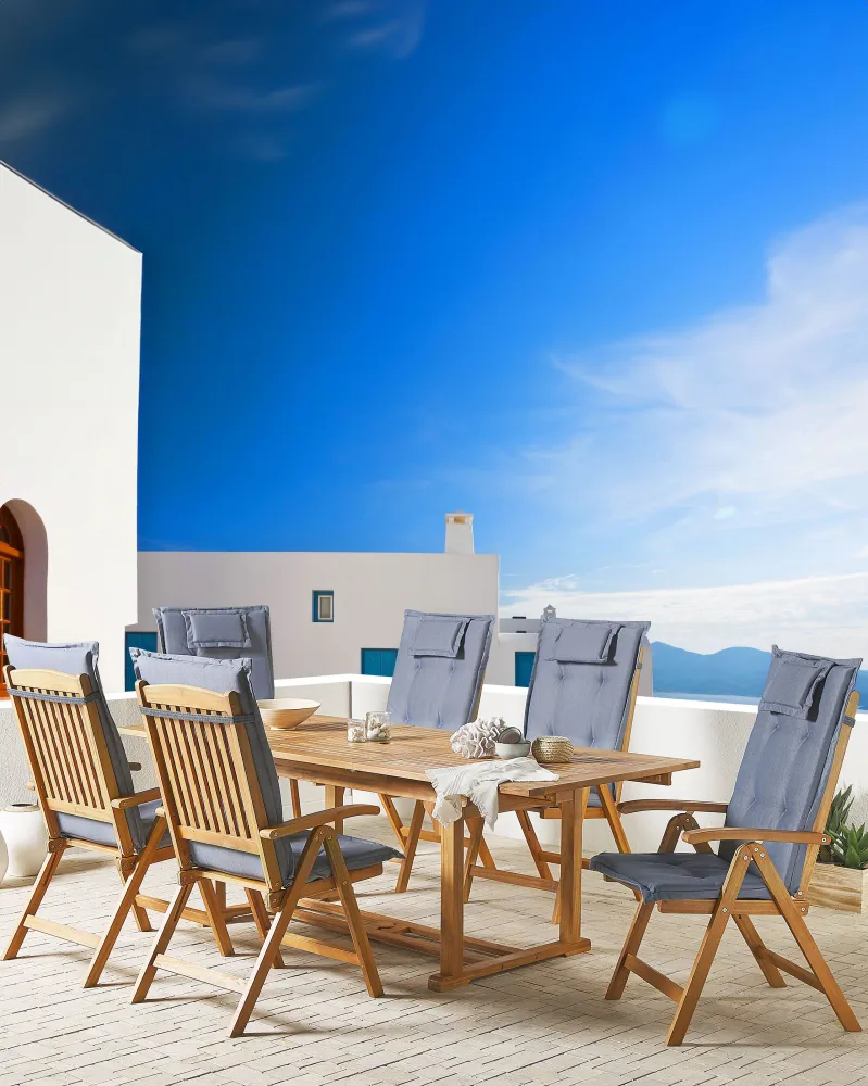 Poltrona Girevole Set di 6 sedie da giardino con cuscini JAVA Legno d'acacia Blu