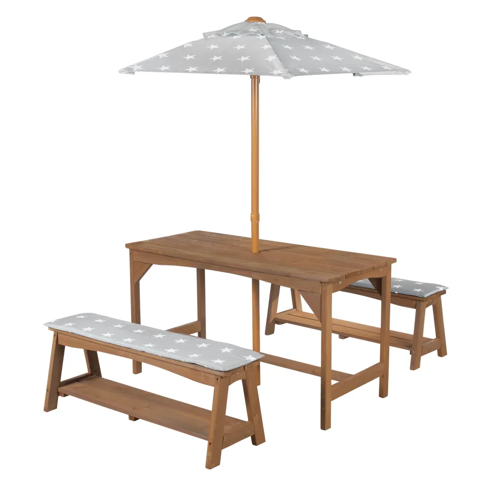 Premium Resina Sintetica Gruppo di sedute da esterno + 1 tavolo, 2 panche, ombrellone e cuscini 'Little Stars' - teak