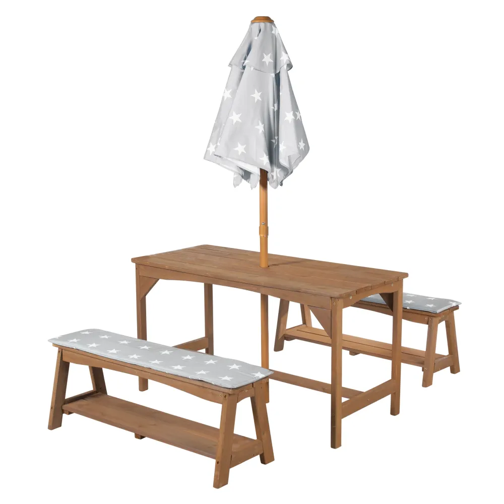 Premium Resina Sintetica Gruppo di sedute da esterno + 1 tavolo, 2 panche, ombrellone e cuscini 'Little Stars' - teak