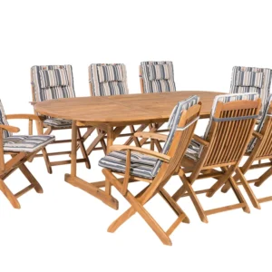Premium Resina Sintetica 8 Seater Acacia Wood Garden Dining Set Blue Stripes Cushions MAUI