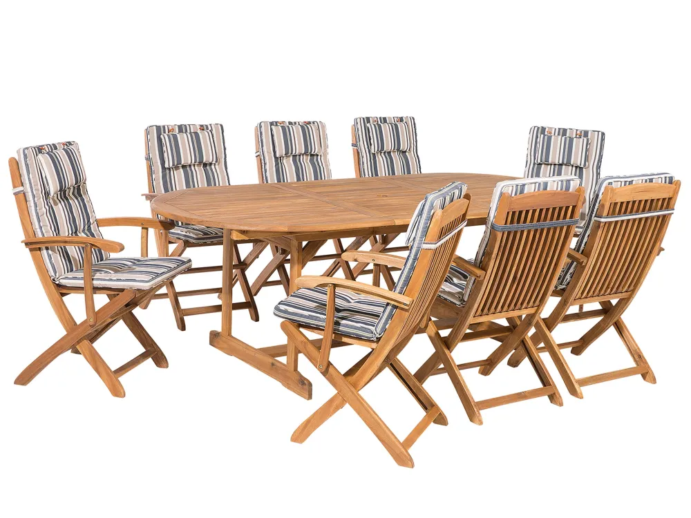 Premium Resina Sintetica 8 Seater Acacia Wood Garden Dining Set Blue Stripes Cushions MAUI