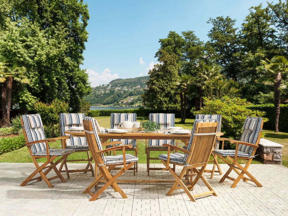 Premium Resina Sintetica 8 Seater Acacia Wood Garden Dining Set Blue Stripes Cushions MAUI