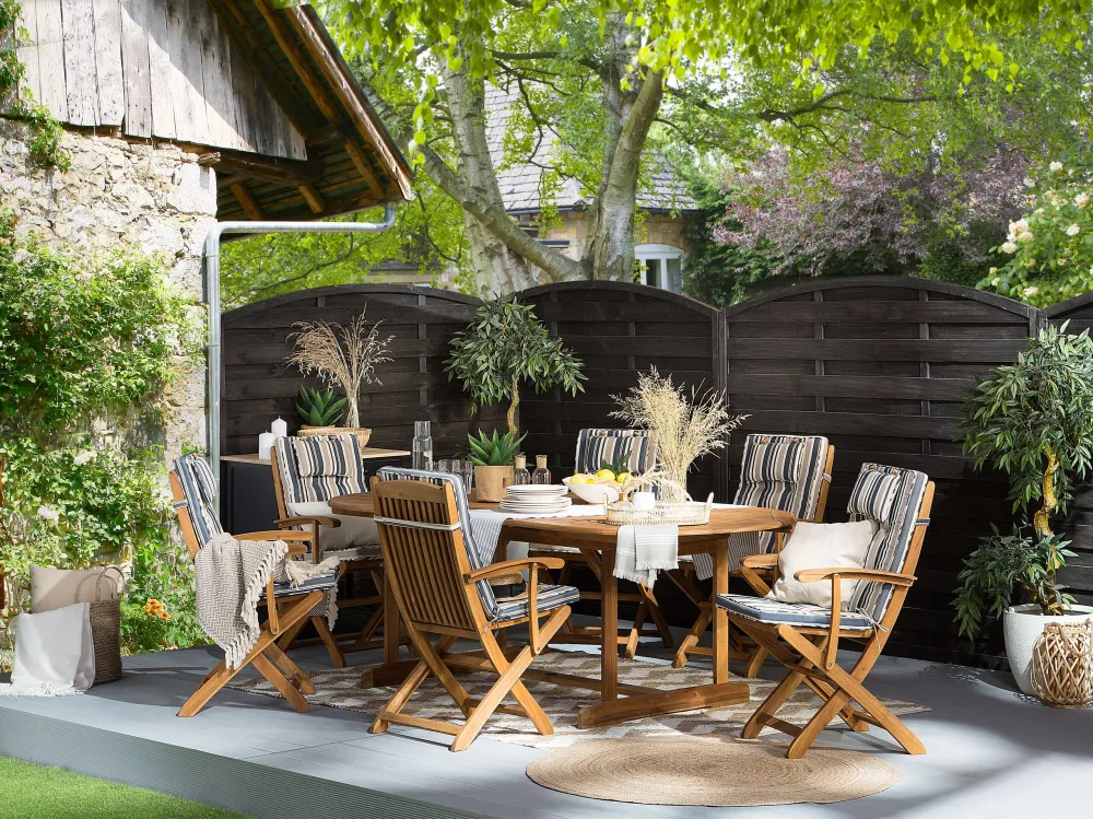 Premium Resina Sintetica 8 Seater Acacia Wood Garden Dining Set Blue Stripes Cushions MAUI