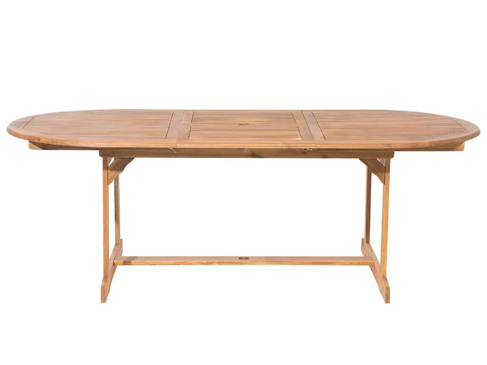 Premium Resina Sintetica 8 Seater Acacia Wood Garden Dining Set Blue Stripes Cushions MAUI