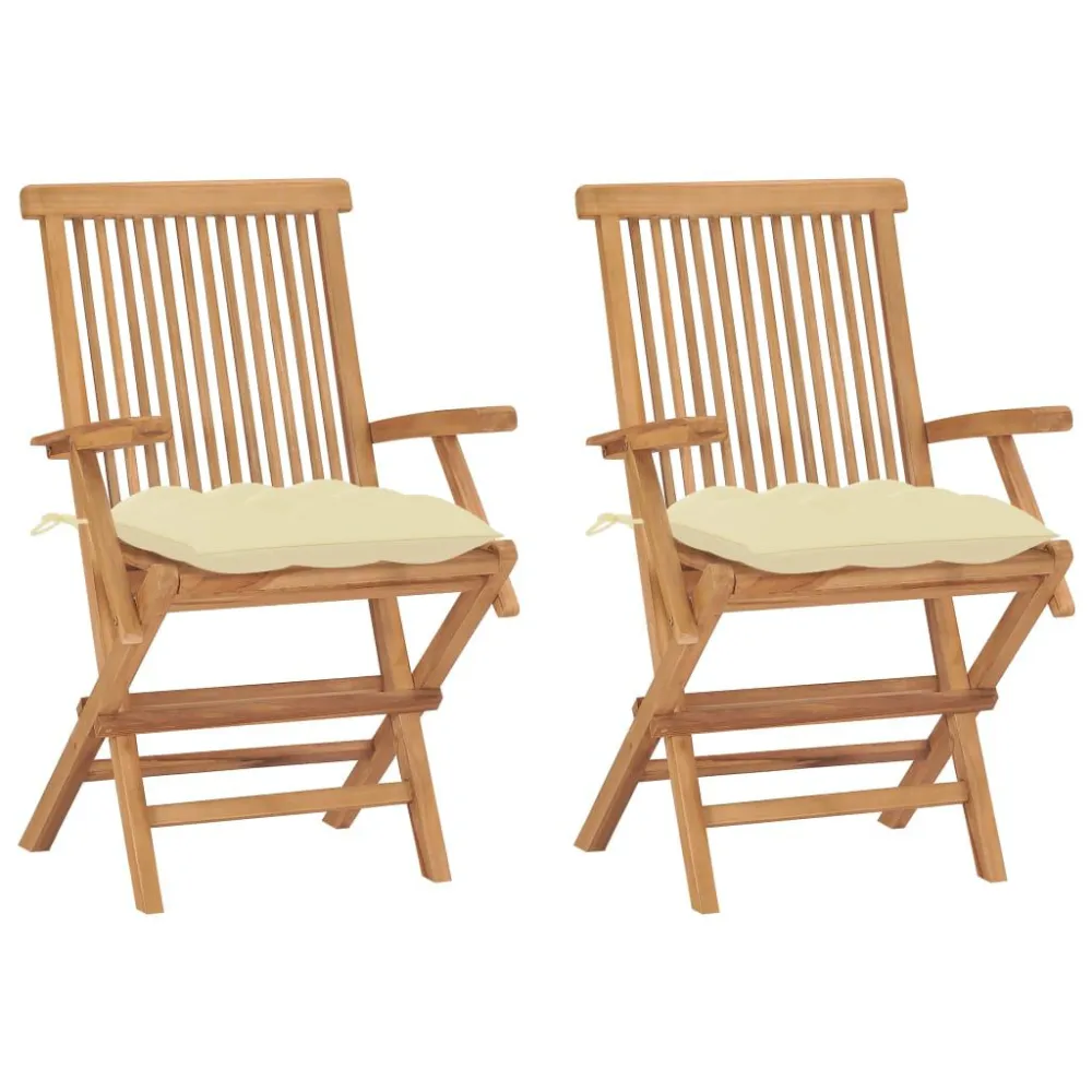 Premium Resina Sintetica Sedie Giardino 2pz con Cuscini Bianco Crema Legno Massello Teak