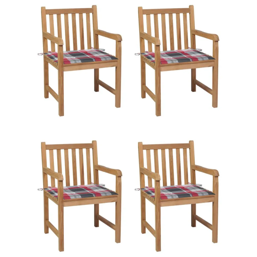 Premium Resina Sintetica Sedie Giardino 4 pz con Cuscini Rossi Quadri Massello di Teak